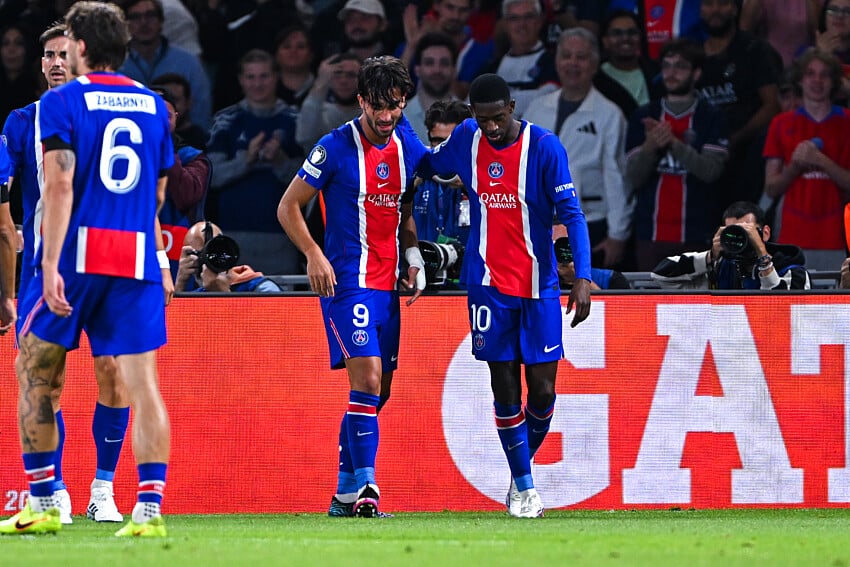 Ferran Torres et Ousmane Dembélé lors de PSG - Slovan Bratislava