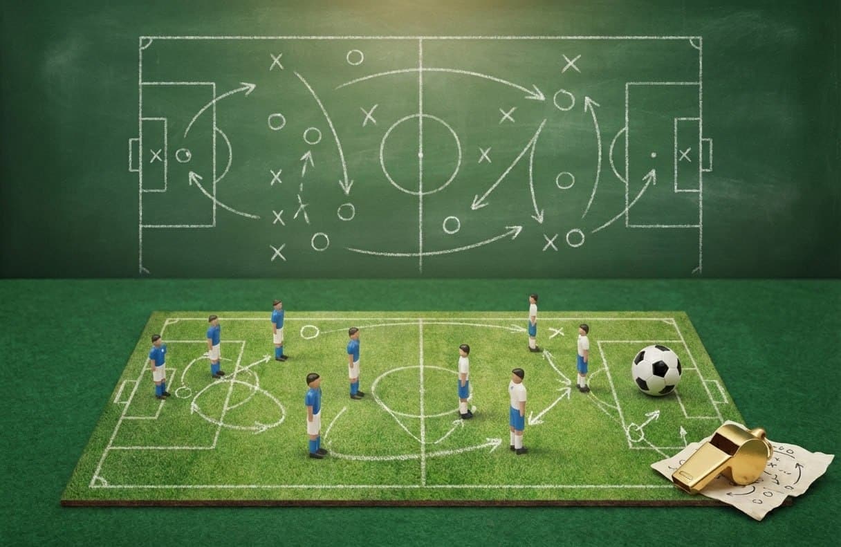 Schéma tactique sur ardoise avec figurines de football et sifflet
