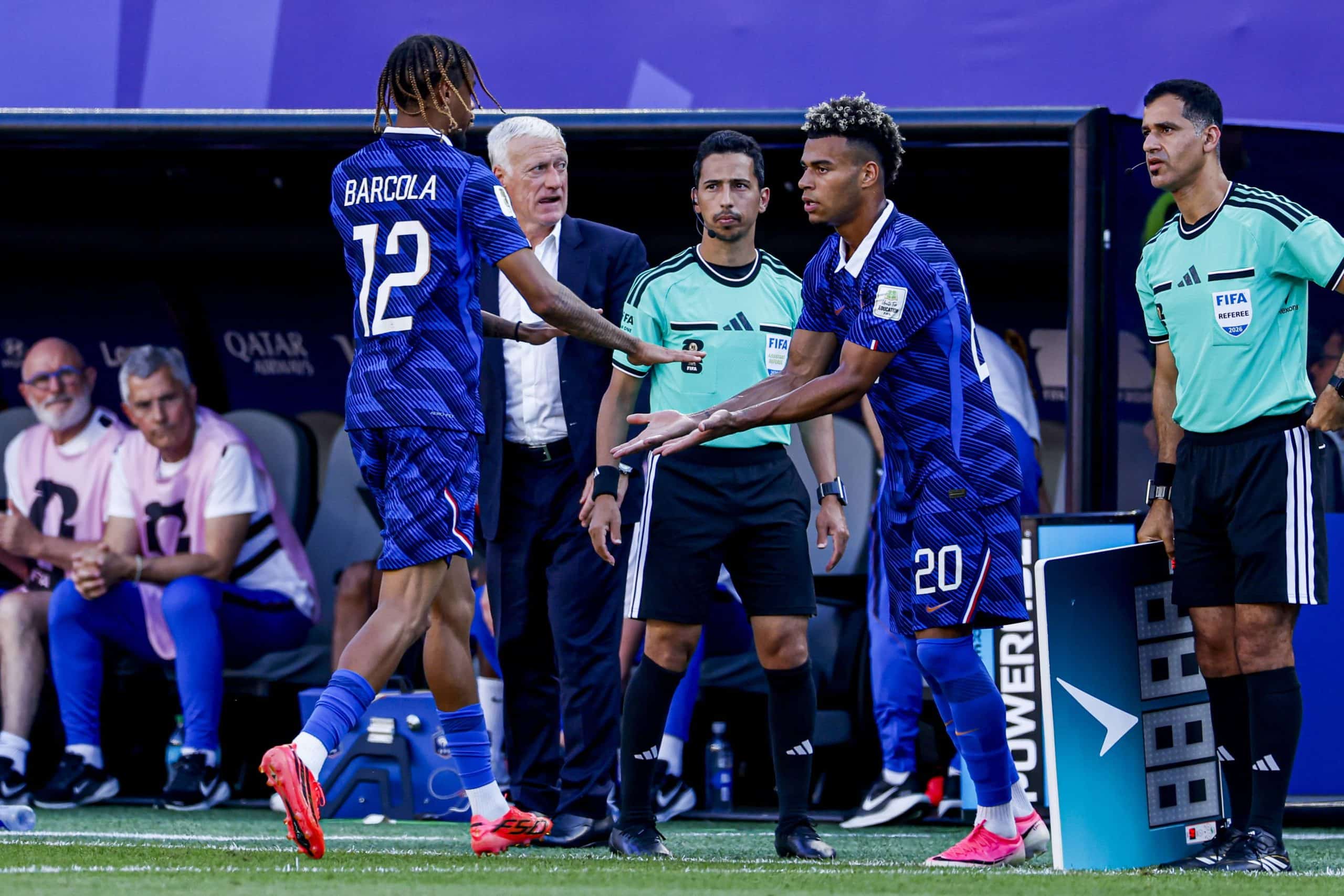 Bradley Barcola et Désiré Doué lors de France - Suède