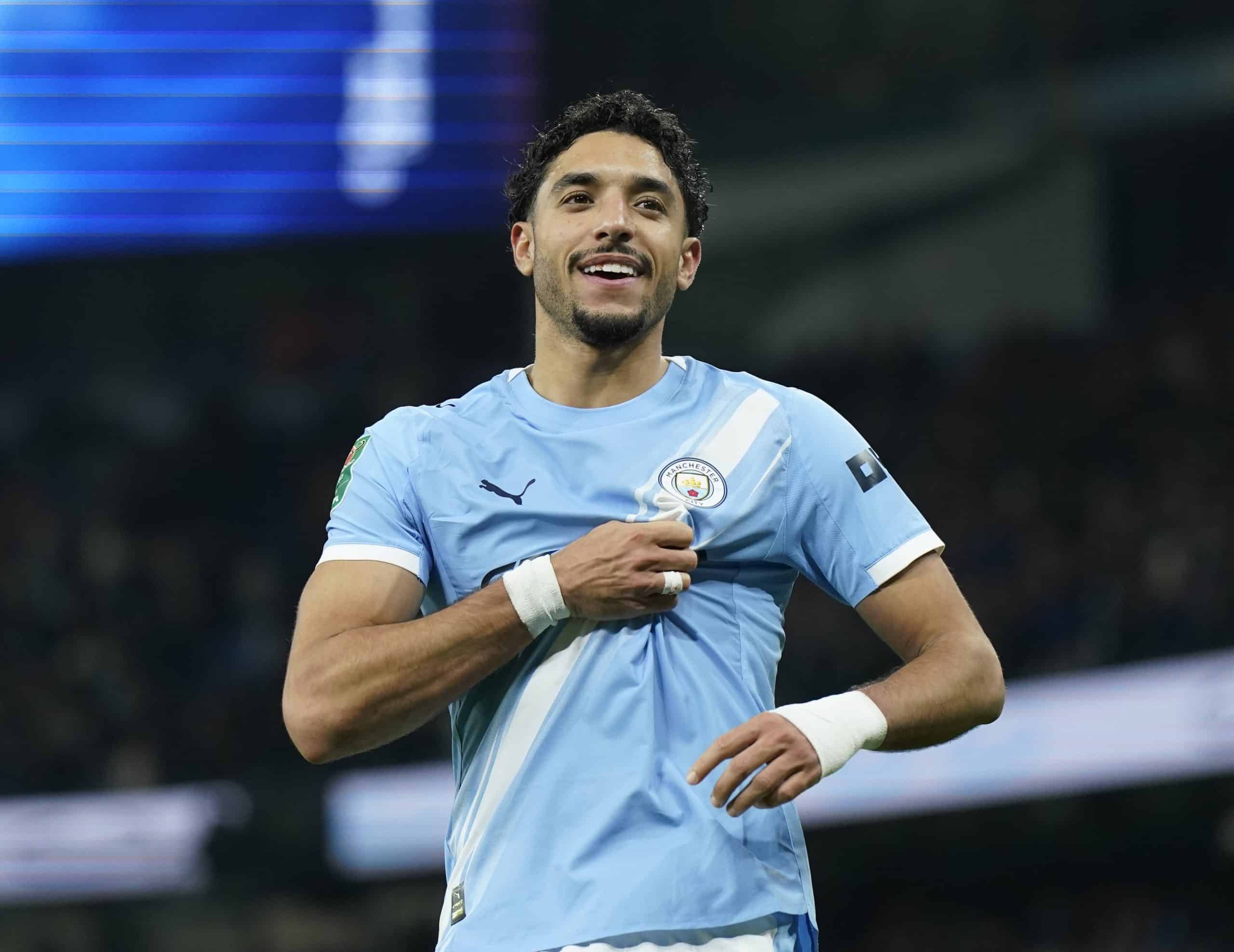 Omar Marmoush célébrant un but avec Manchester City.