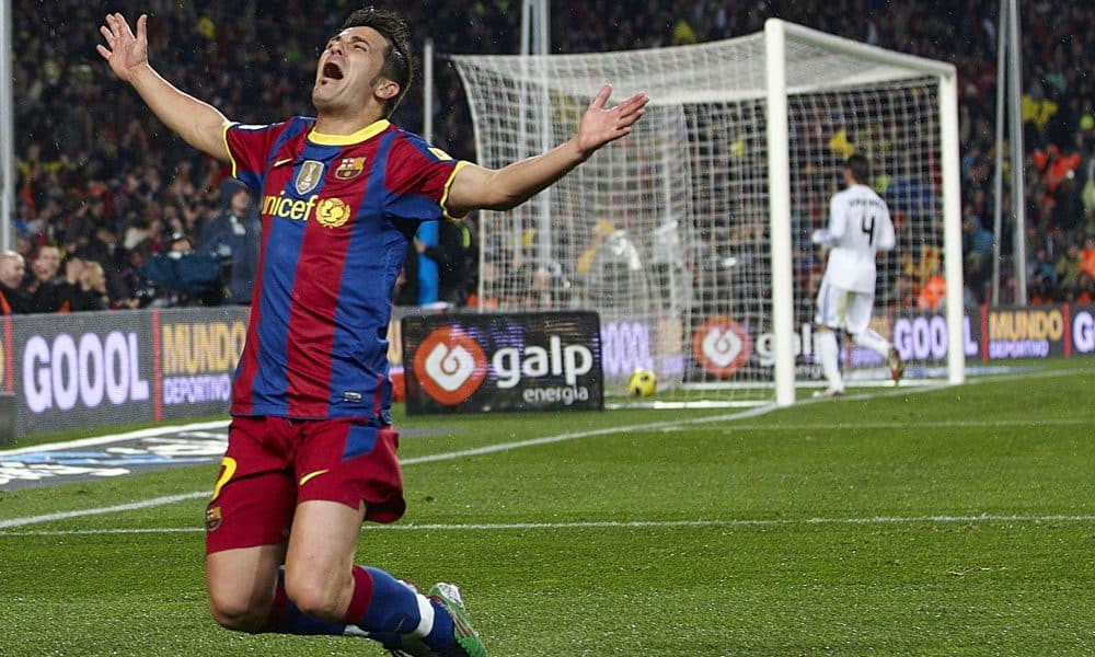 La joie de David Villa après son but lors de FC Barcelone-Real Madrid, en 2010-11.