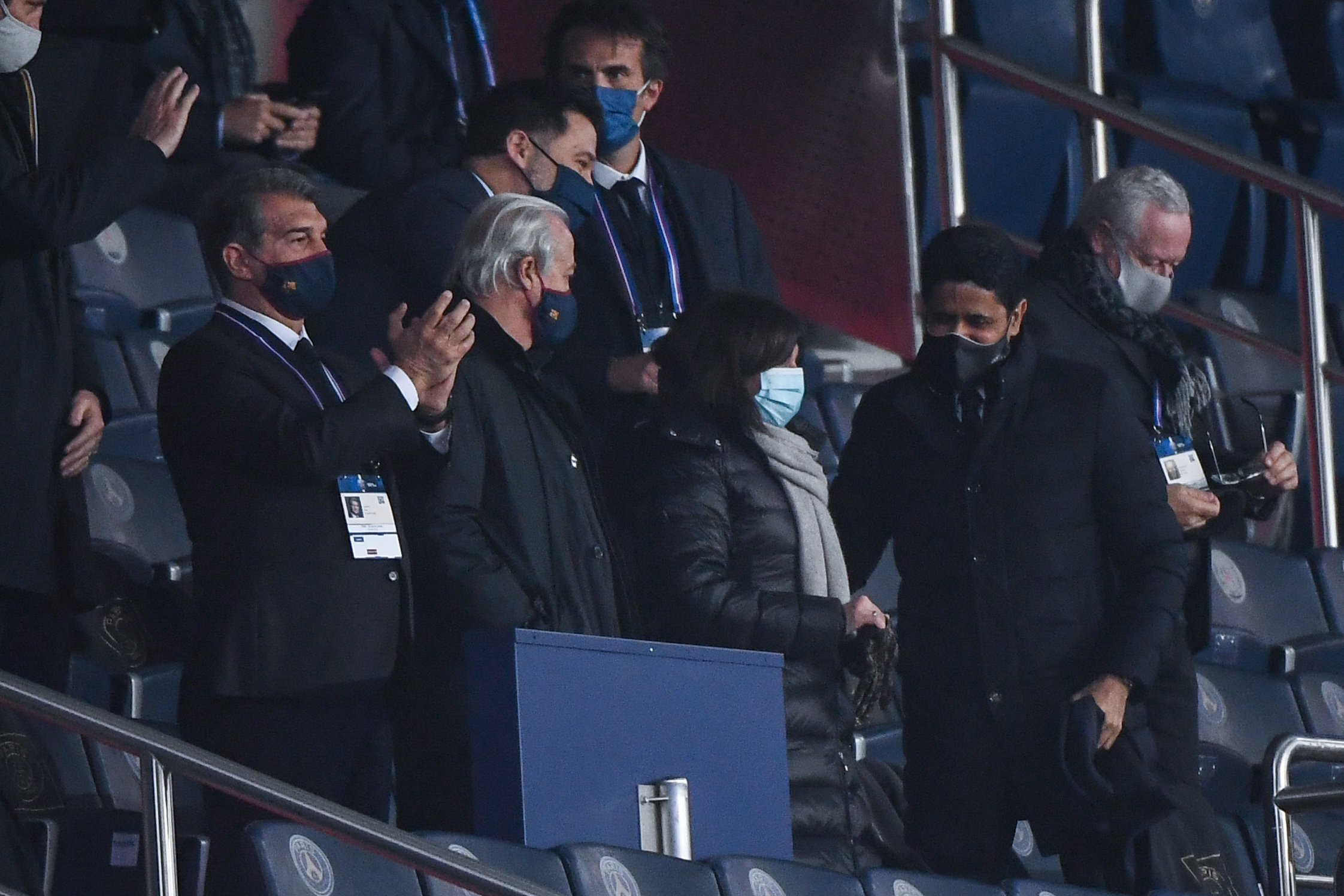 Les présidents du FC Barcelone, Joan Laporta, et du PSG, Nasser al-Khelaïfi, au printemps 2021.