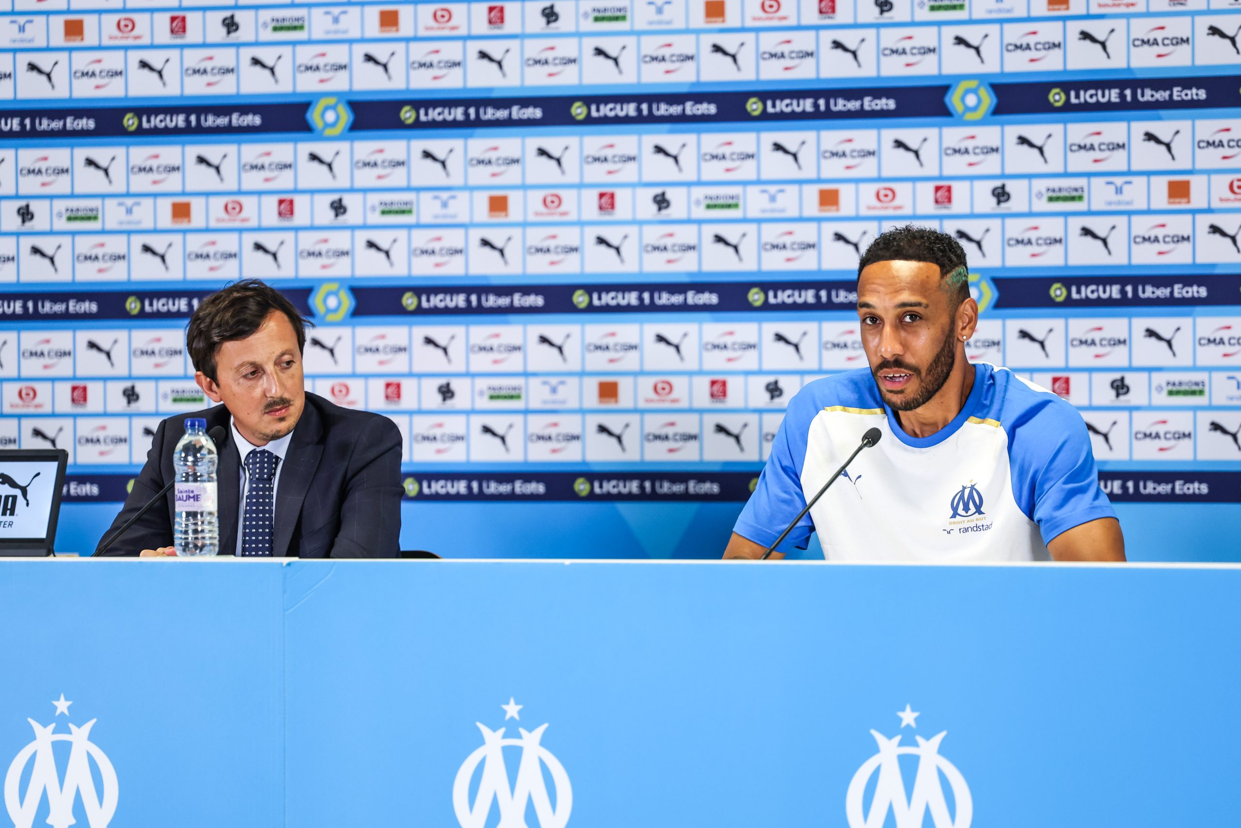 Le président de l'OM, Pablo Longoria, lors de la présentation de Pierre-Emerick Aubameyang en 2023.