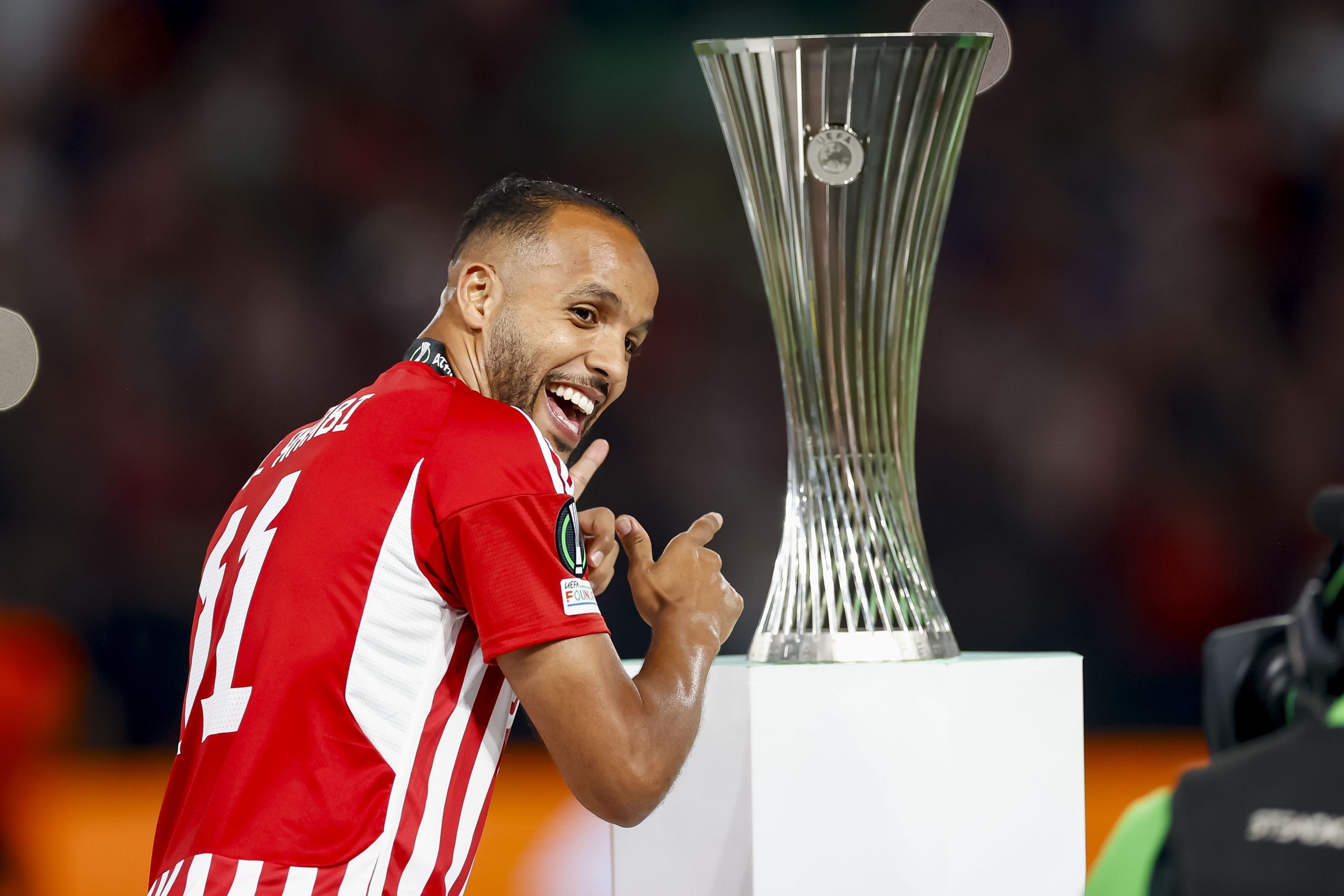 Youssel El-Arabi lors de la victoire de l'Olympiakos en League Conférence 2024.
