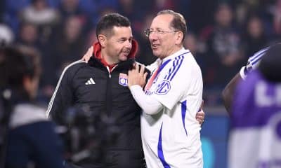 Pierre Sage et John Textor célébrant la qualification européenne de l'OL en mai 2024.