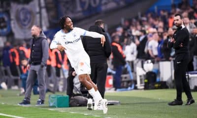 L'attaquant de l'OM Elye Wahi après son but contre Le Havre (5-1).