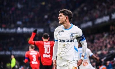 Le capitaine de l'OM, Leonardo Balerdi, en colère après le but encaissé à Rennes.