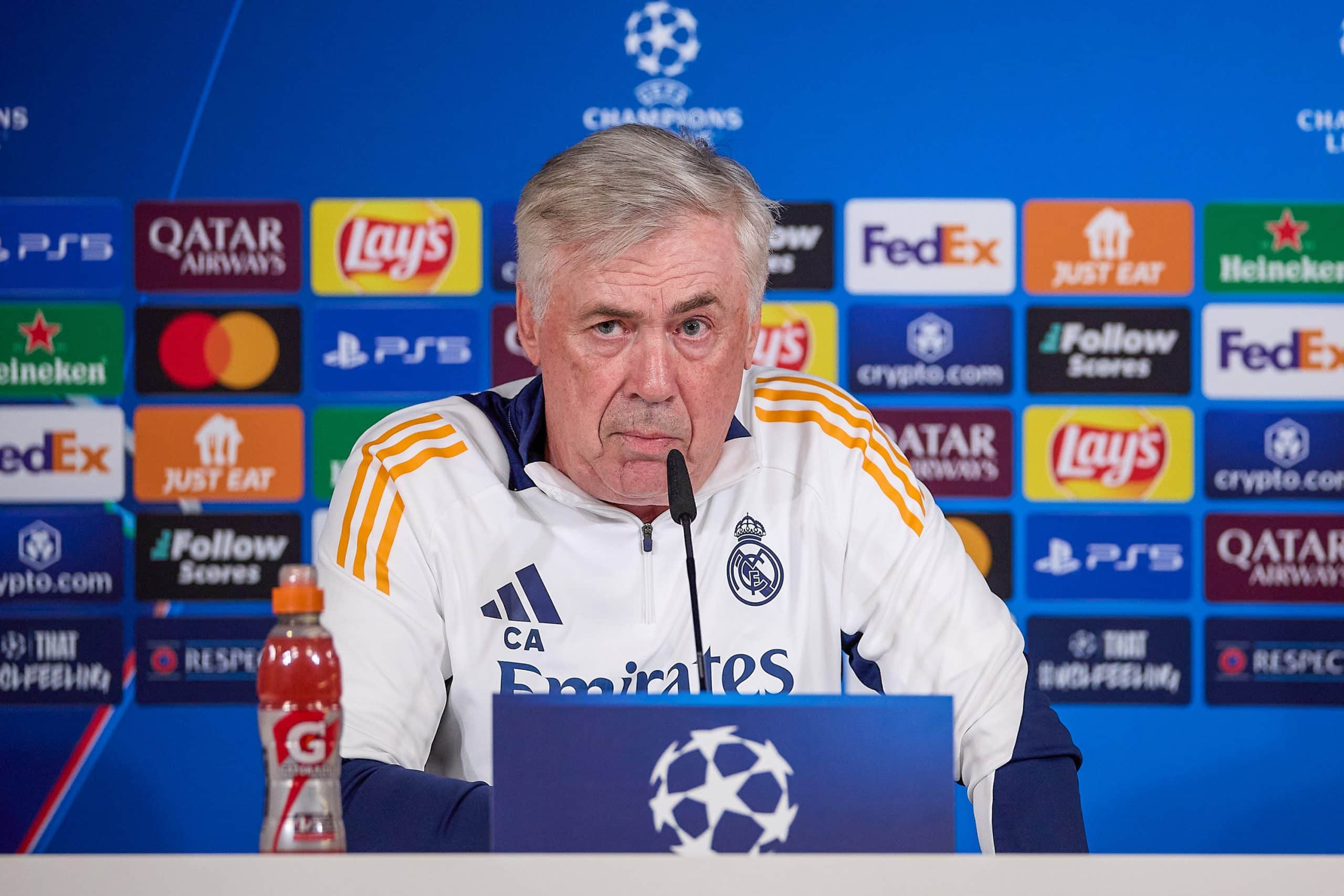 L'entraîneur du Real Madrid, Carlo Ancelotti, en conférence de presse.