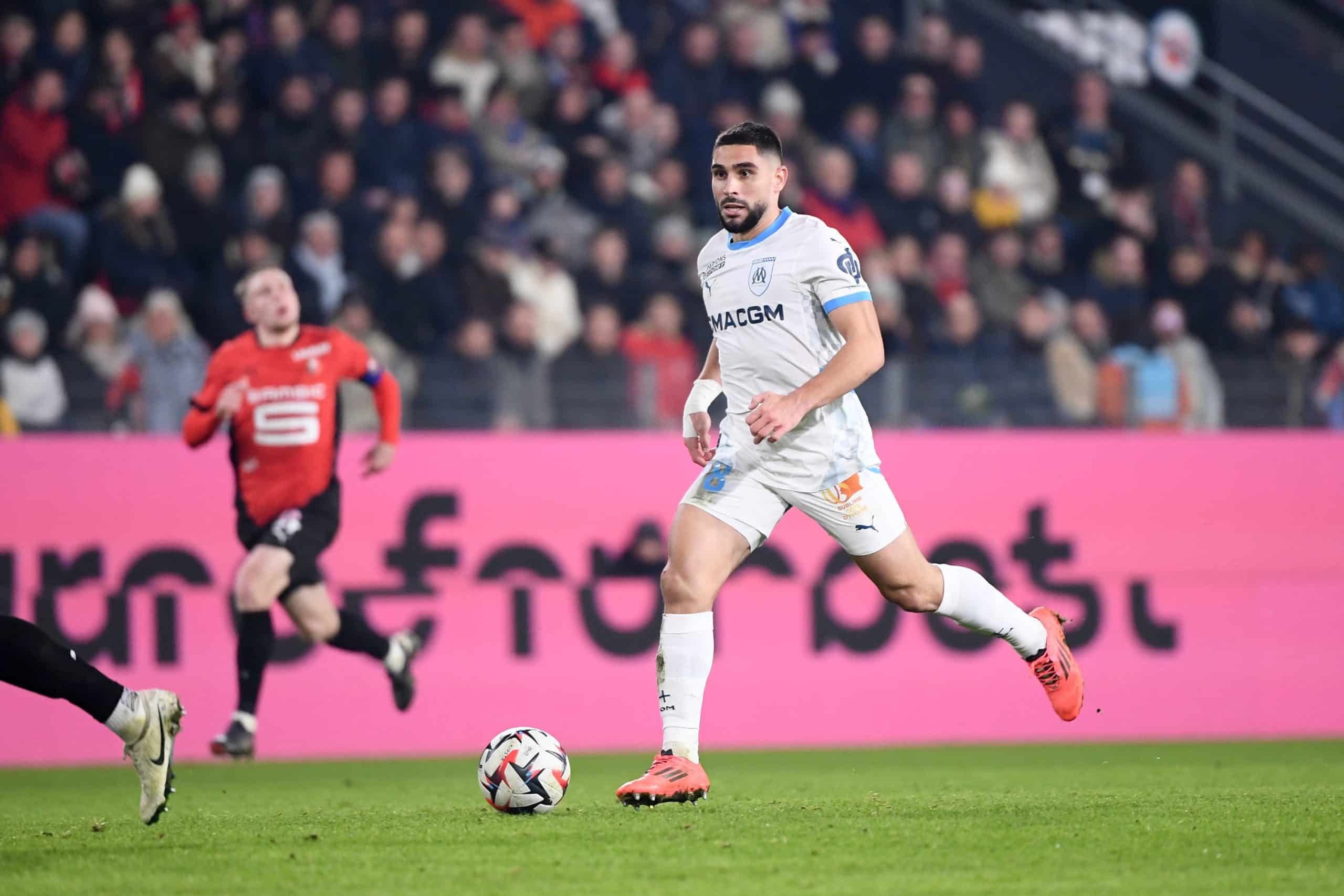 L'attaquant de l'OM Neal Maupay, en action à Rennes.