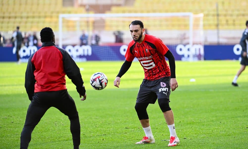 L'ailier du Stade Rennais Lamine Gouiri lors d'un échauffement à Monaco.