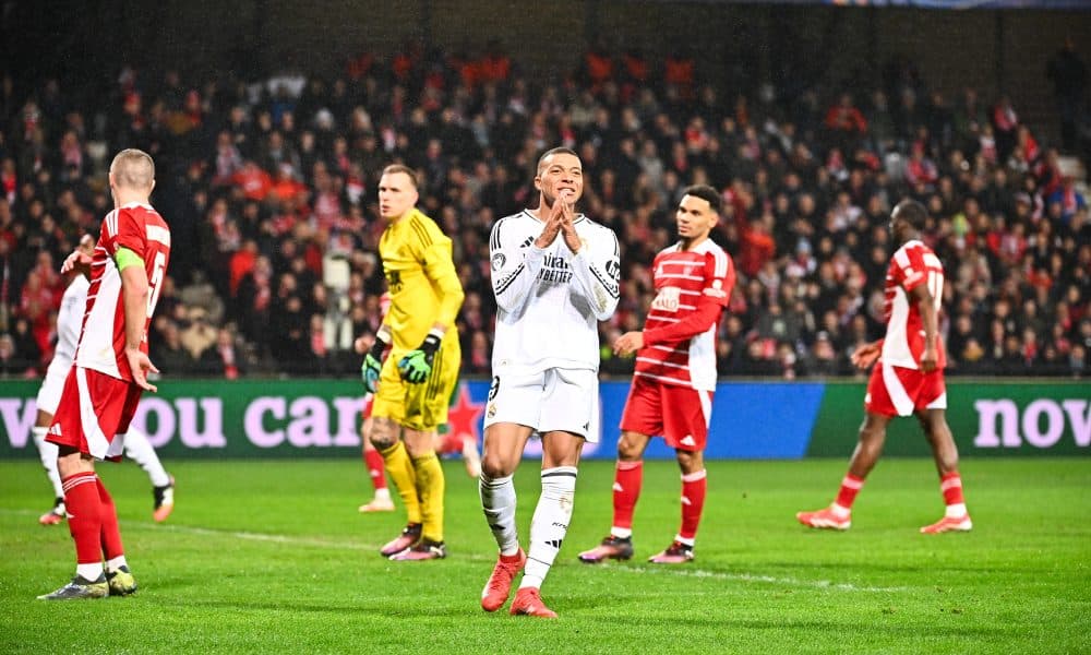 Kylian Mbappé déçu après une action manquée hier lors de Brest-Real Madrid (0-3).