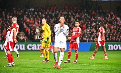 Kylian Mbappé déçu après une action manquée hier lors de Brest-Real Madrid (0-3).