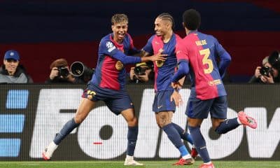 La joie de Lamine Yamal et Raphinha après un but du FC Barcelone.