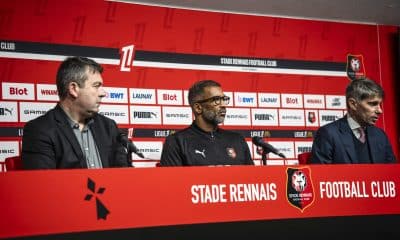 Les dirigeants du Stade Rennais Arnaud Pouille et Frederic Massara, avec Habib Beye.