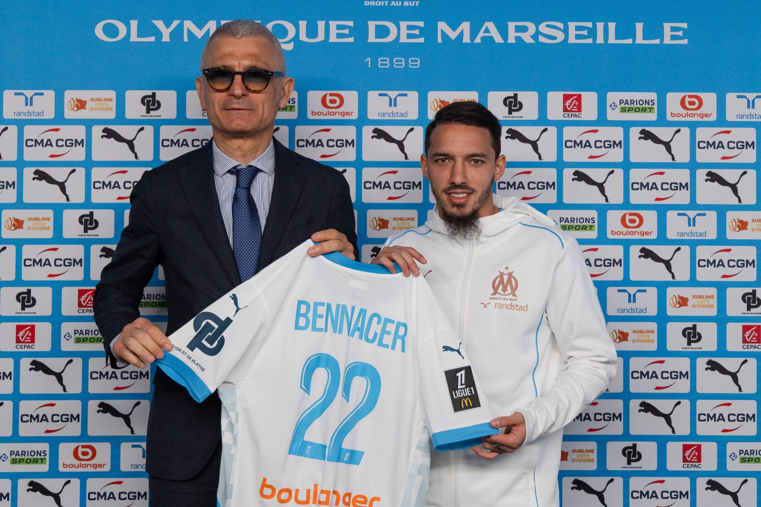Fabrizio Ravanelli et Ismaël Bennacer lors de la présentation du milieu algérien à l'OM.