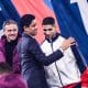 Le latéral droit du PSG Achraf Hakimi, félicité par son président, Nasser al-Khelaïfi.