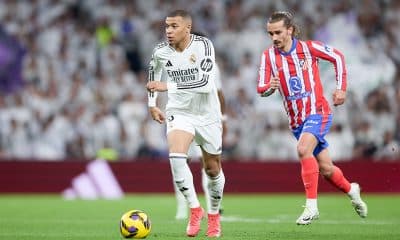 L'attaquant du Real Madrid Kylian Mbappé et son compatriote Antoine Griezmann (Atlético).