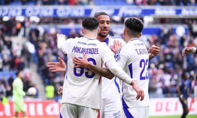 La joie de Mikautadze, Tolisso et Almada lors d'OL-Reims (4-0).