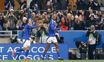 La joie des Strasbourgeois Moreira et Emegha contre Montpellier.