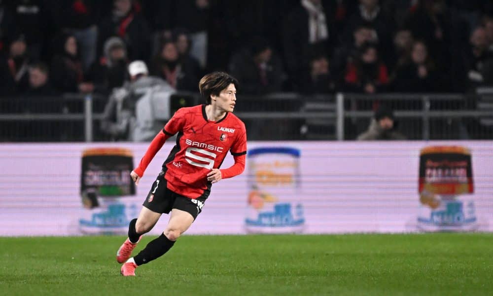 L'attaquant du Stade Rennais Kyogo Furuhashi en action.