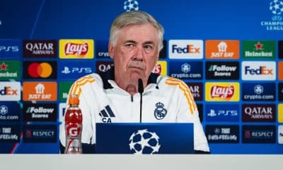 L'entraîneur du Real Madrid, Carlo Ancelotti, lors d'une conférence de presse.