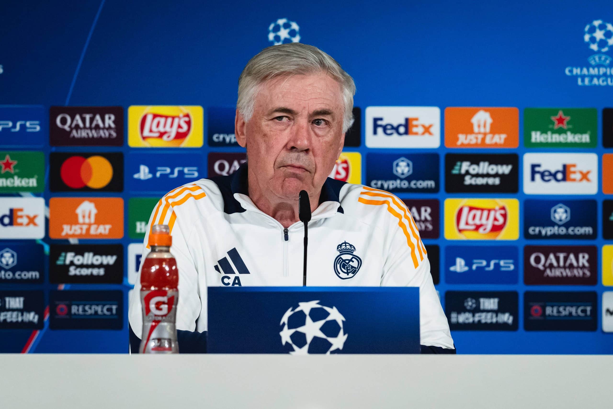 L'entraîneur du Real Madrid, Carlo Ancelotti, lors d'une conférence de presse.