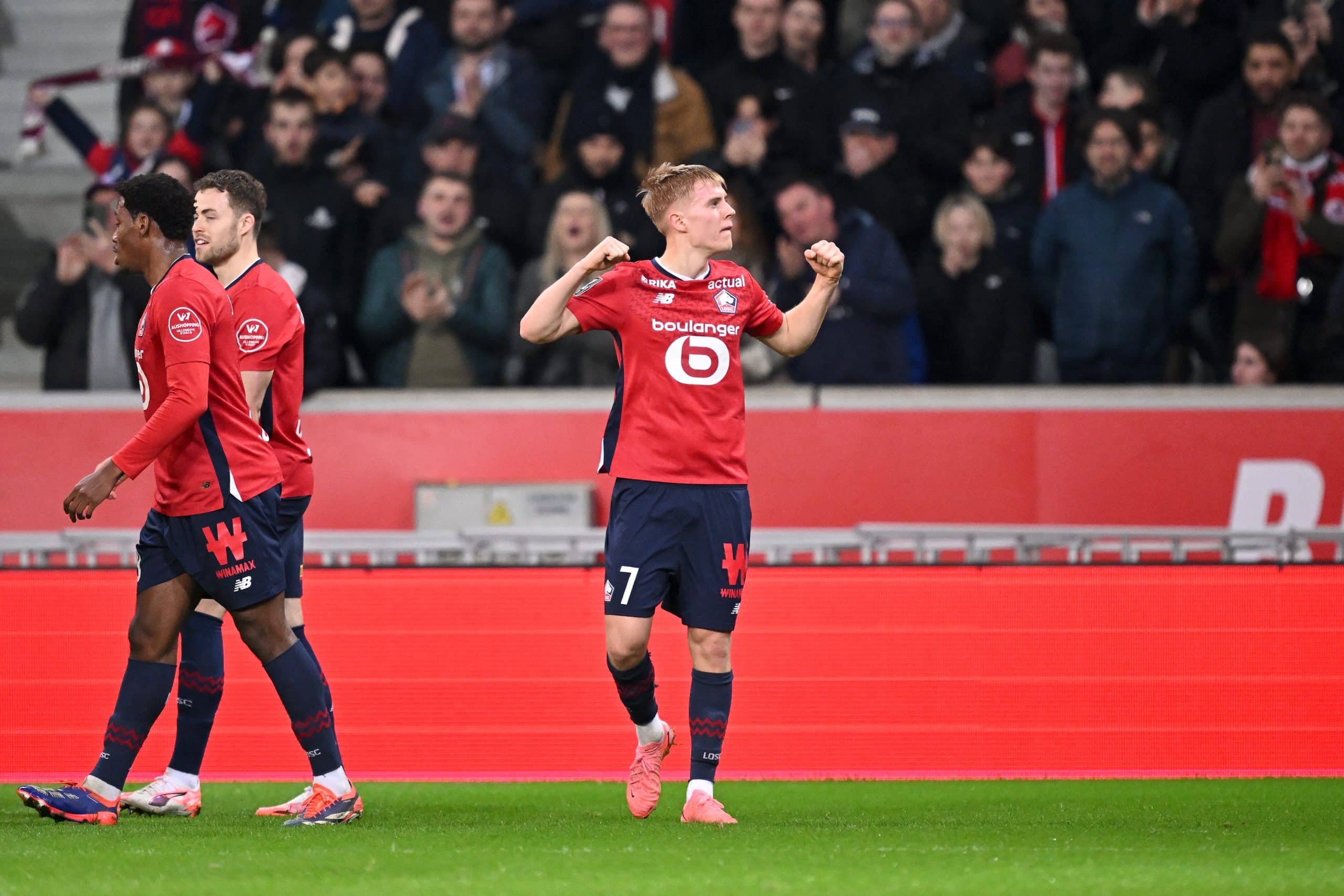 La joie du milieu du LOSC Hakon Haraldsson, après son premier but contre Monaco.