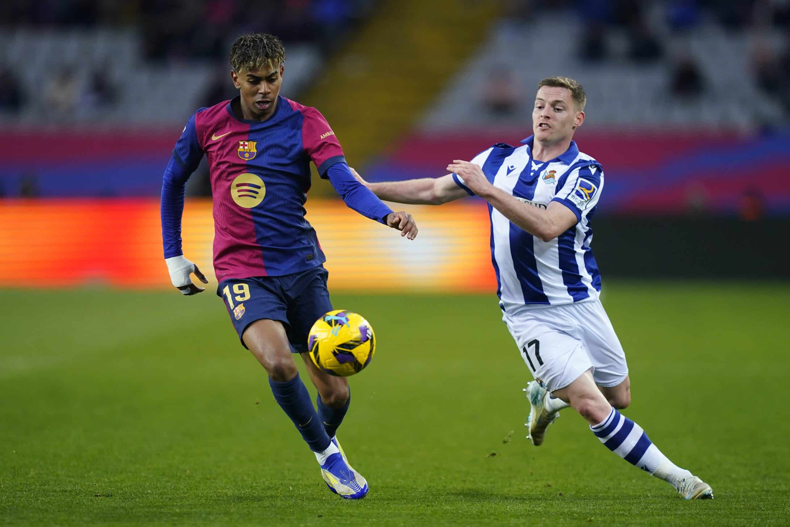 L'ailier du FC Barcelone Lamine Yamal lors du match contre la Real Sociedad.