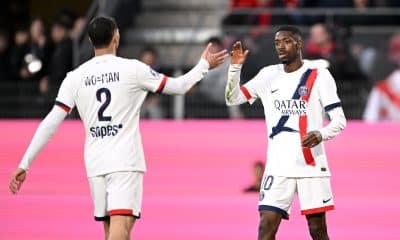 La joie d'Ousmane Dembélé lors de la victoire du PSG à Rennes.