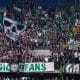 Les deux groupes ultras de l'ASSE lors du match au Havre.