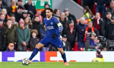 Le capitaine du PSG, Marquinhos, lors du match à Liverpool.