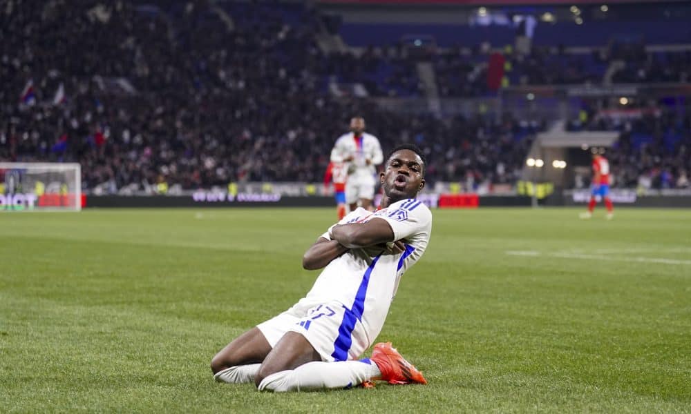 La joie de Nuamah après l'un de ses buts lors de la victoire de l'OL sur le FCSB.