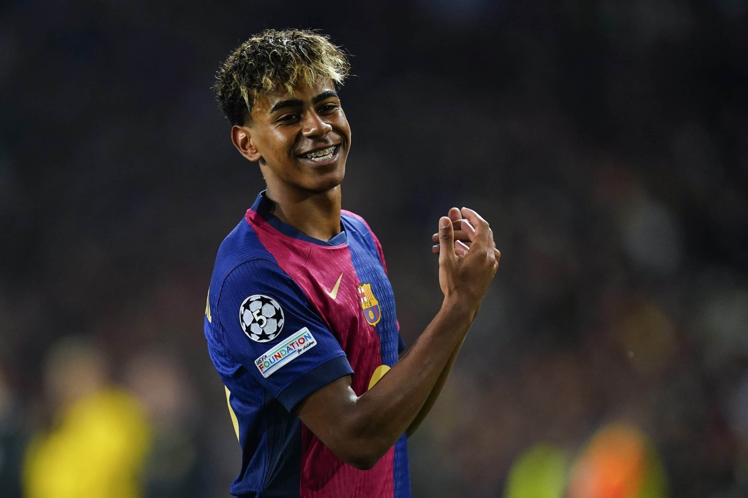 La joie de Lamine Yamal lors du quart de finale aller de Champions League contre le Borussia Dortmund.