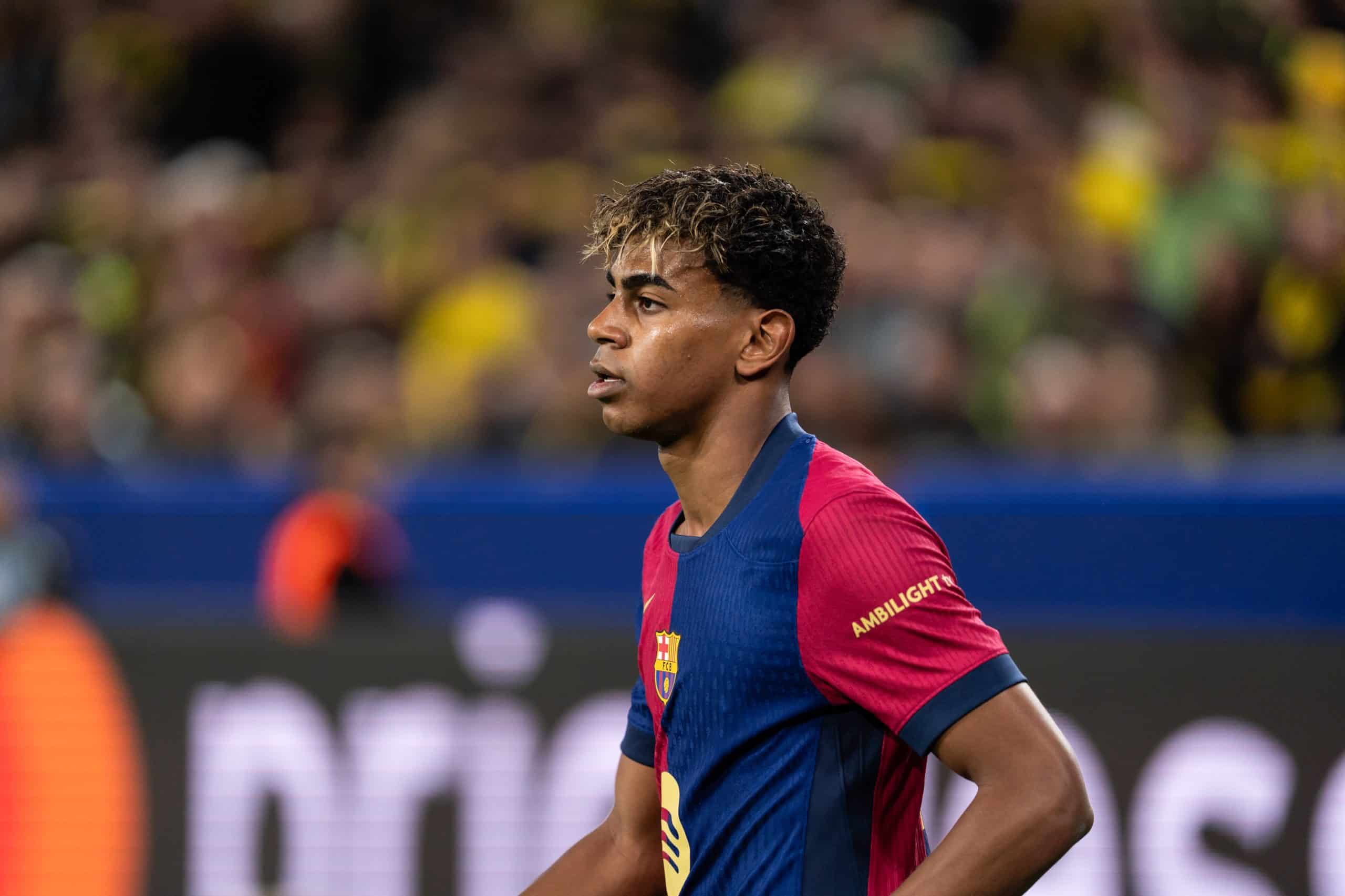 L'ailier du FC Barcelone Lamine Yamal lors du quart de finale retour de Champions League contre le Borussia Dortmund.
