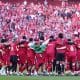 La joie des joueurs de Liverpool après leur titre de champion d'Angleterre.