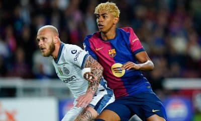 L'ailier du FC Barcelone Lamine Yamal lors de la demi-finale aller contre l'Inter Milan.