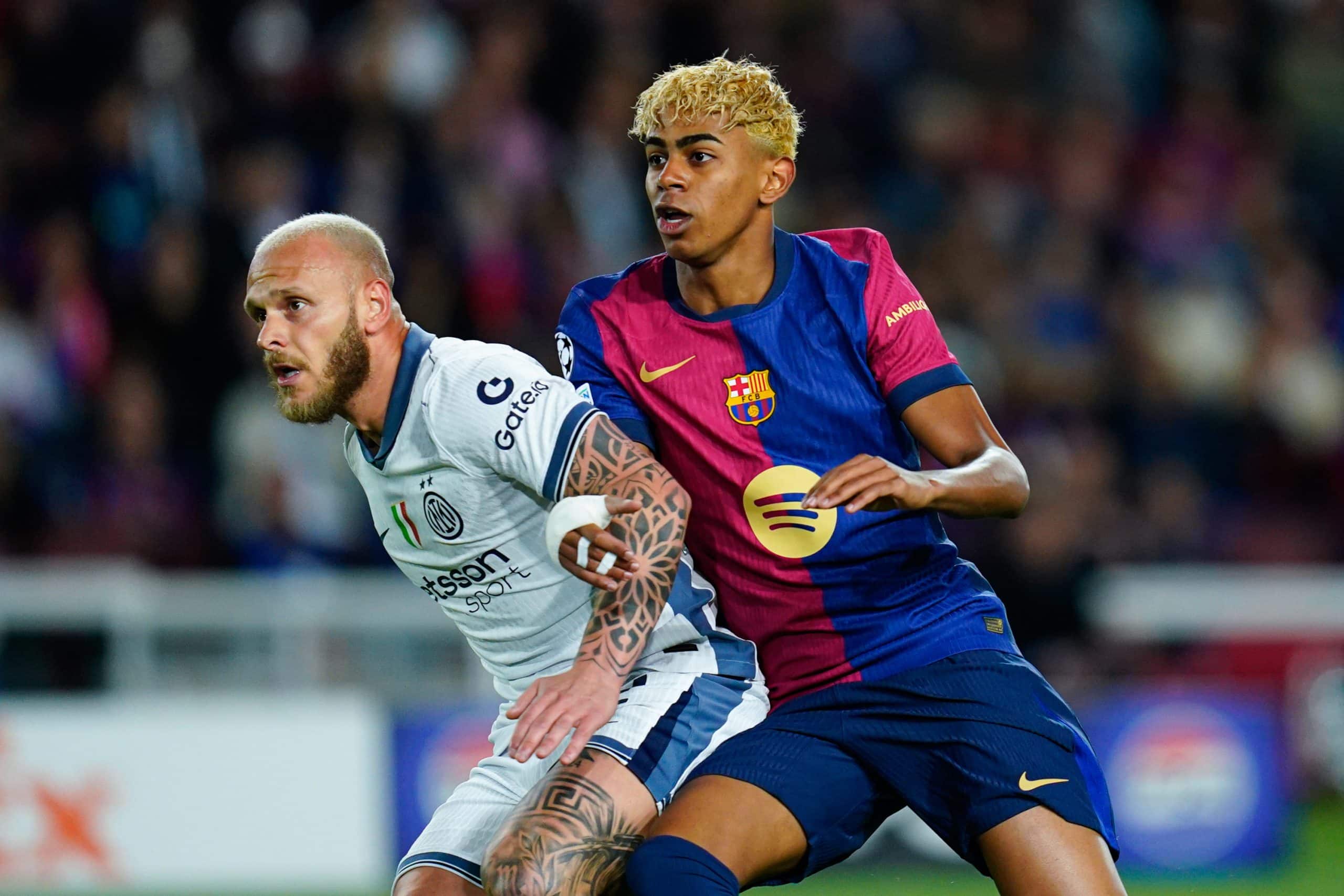 L'ailier du FC Barcelone Lamine Yamal lors de la demi-finale aller contre l'Inter Milan.