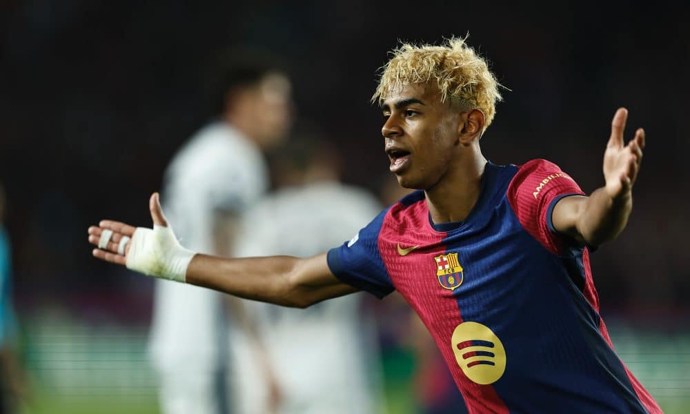 La joie de Lamine Yamal après son but lors de la demi-finale aller de Champions League entre le FC Barcelone et l'Inter Milan.