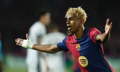 La joie de Lamine Yamal après son but lors de la demi-finale aller de Champions League entre le FC Barcelone et l'Inter Milan.