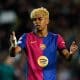 L'ailier du FC Barcelone Lamine Yamal lors du match aller face à l'Inter Milan.