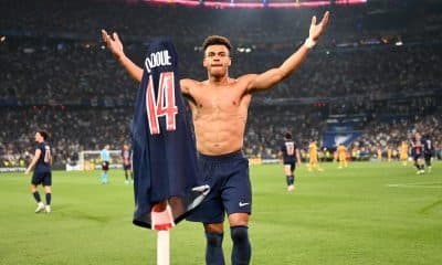Désiré Doué après son deuxième but, face à l'Inter Milan.