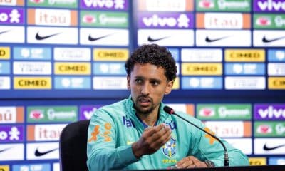 Le capitaine du PSG, Marquinhos, lors d'une conférence de presse avec la sélection brésilienne.