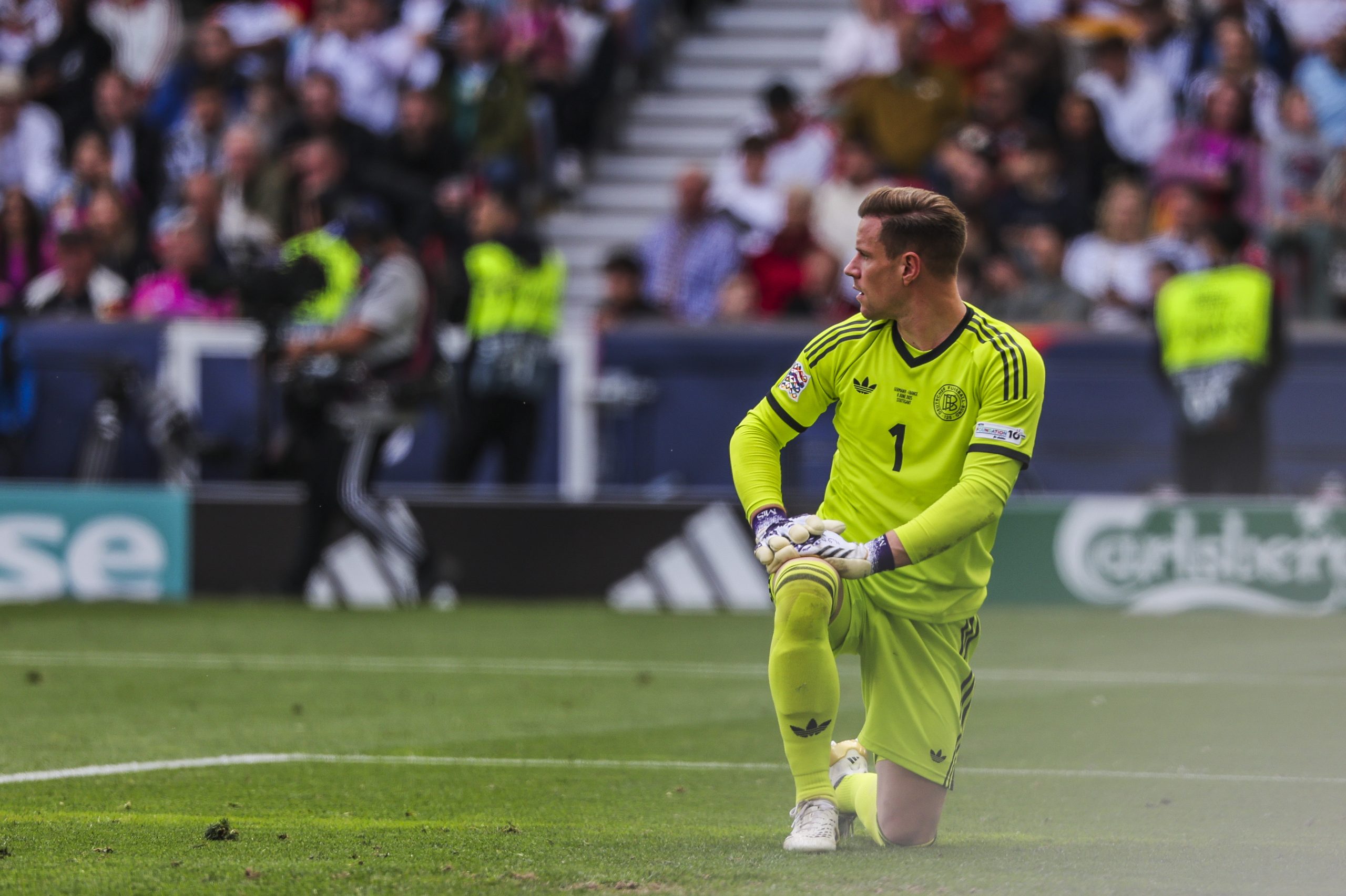 Le gardien du FC Barcelone Marc André ter Stegen sous le maillot de la sélection allemande.