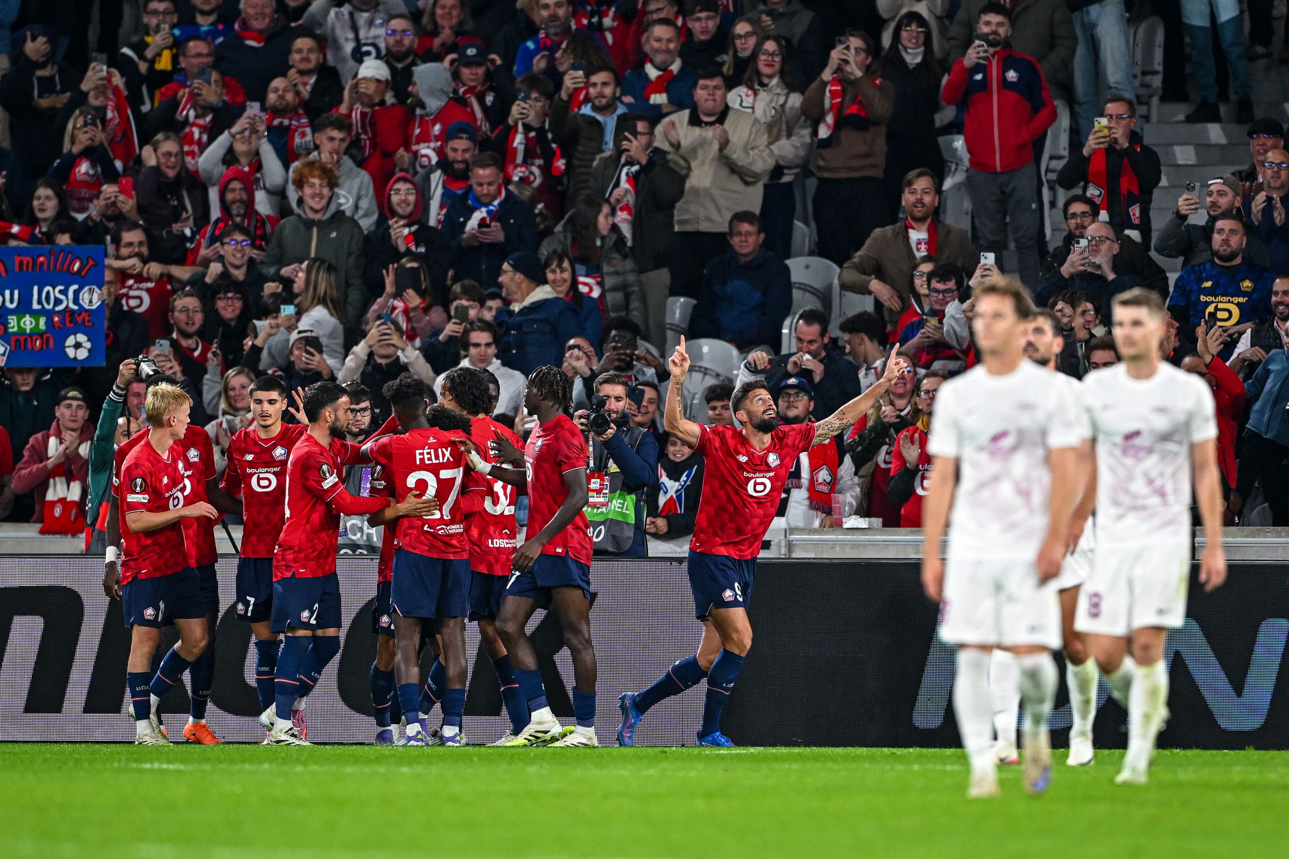 La joie d'Olivier Giroud après son but contre Brann Bergen.