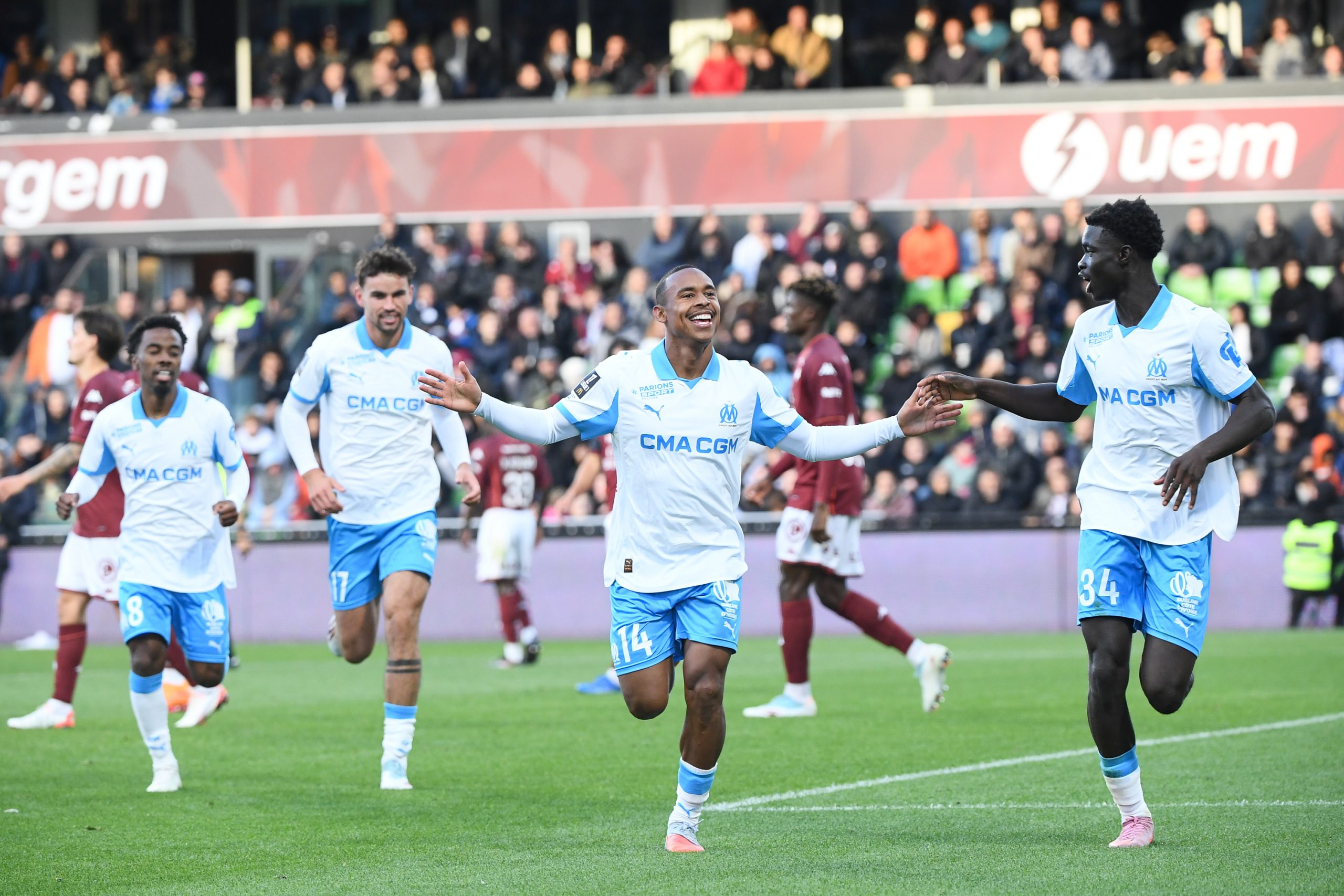 La joie d'Igor Paixao et des Olympiens après l'ouverture du score.