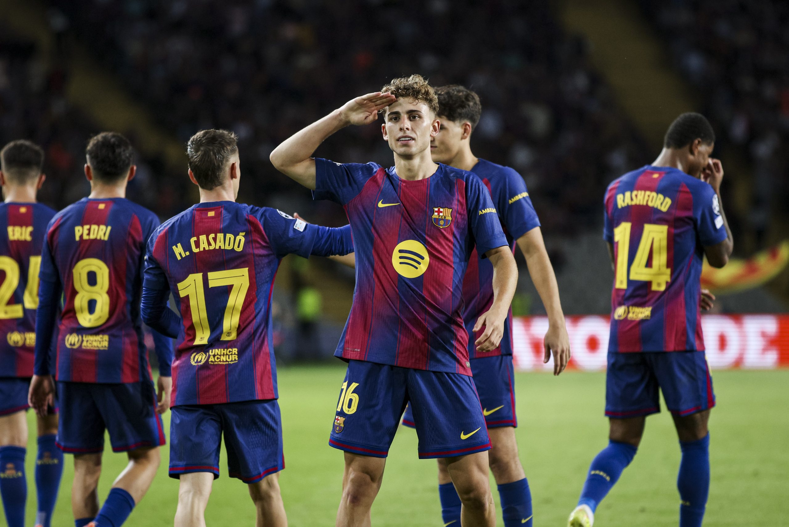 Fermin Lopez célébrant l'un de ses buts contre l'Olympiakos (6-1) mardi.