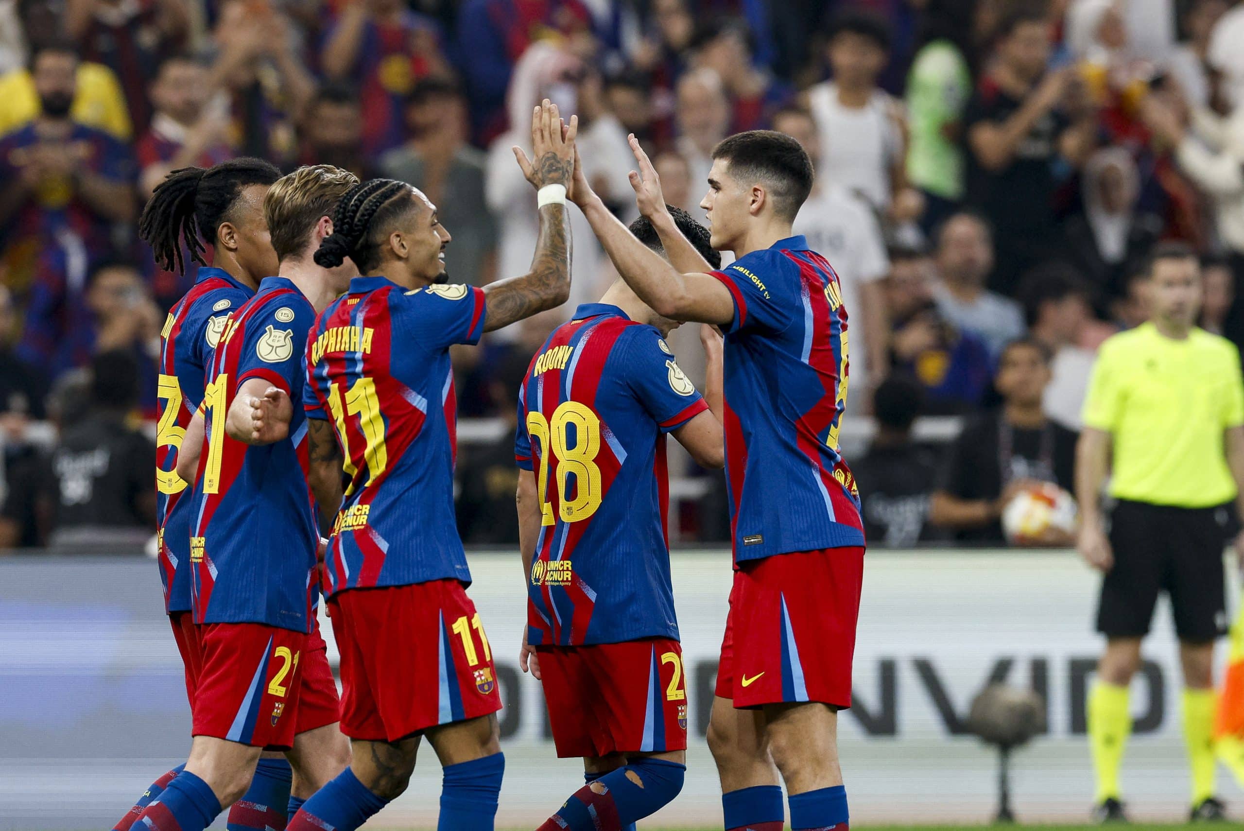 La joie des Barcelonais après un but inscrit contre l'Athletic en demi-finale de la Supercoupe d'Espagne.