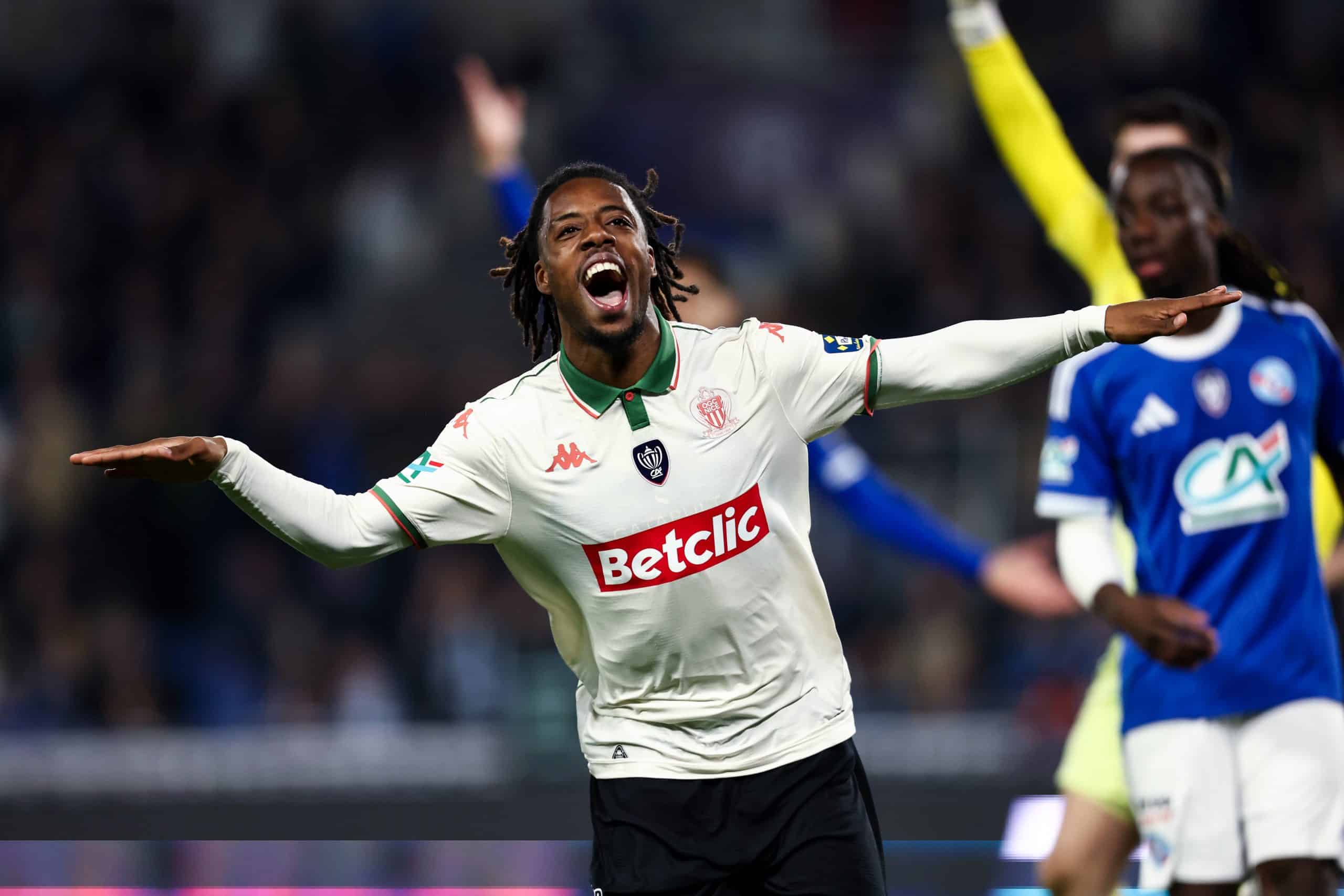 La joie d'Elye Wahi lors de RC Strasbourg - OGC Nice