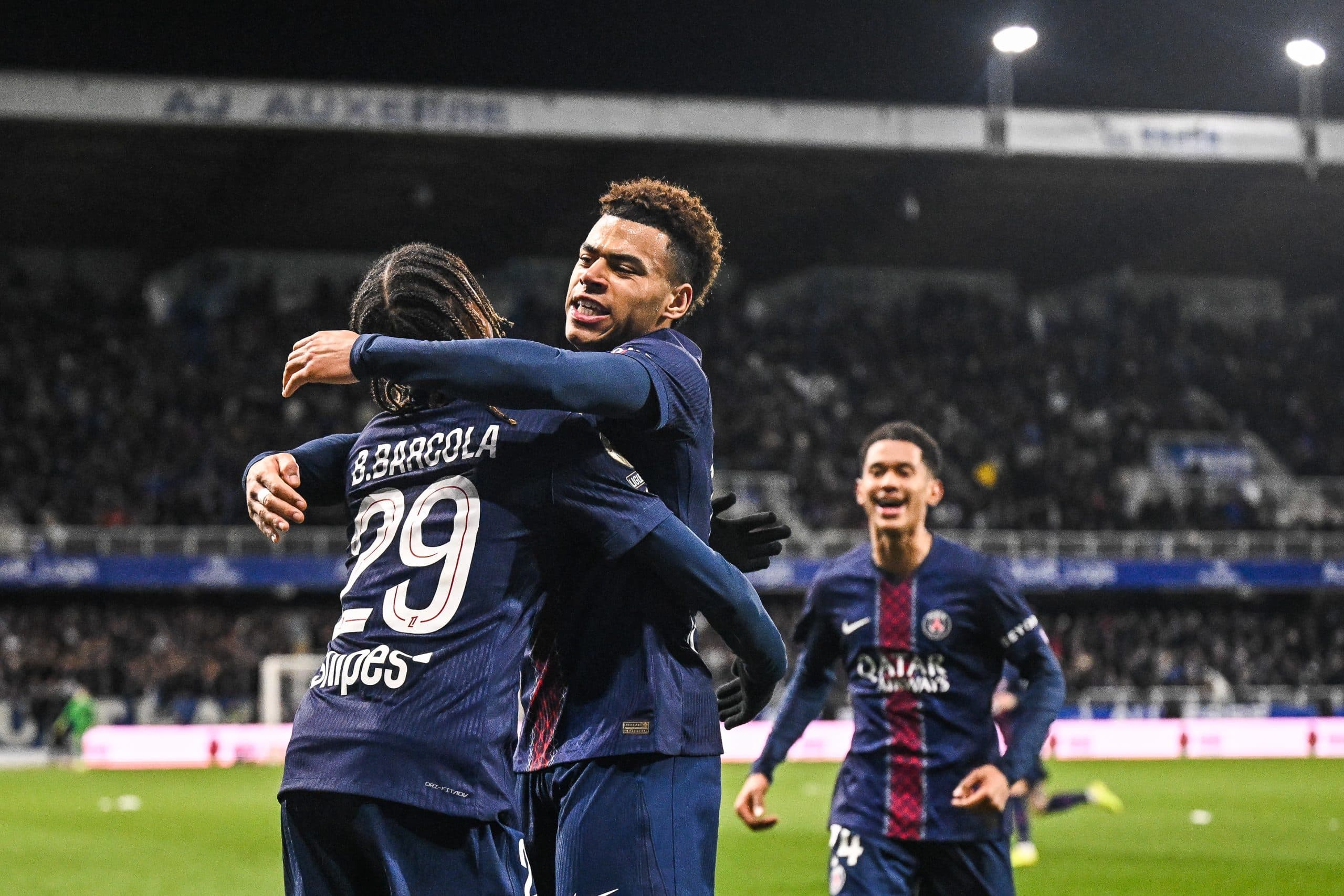 La joie des Parisiens après le but inscrit à Auxerre.