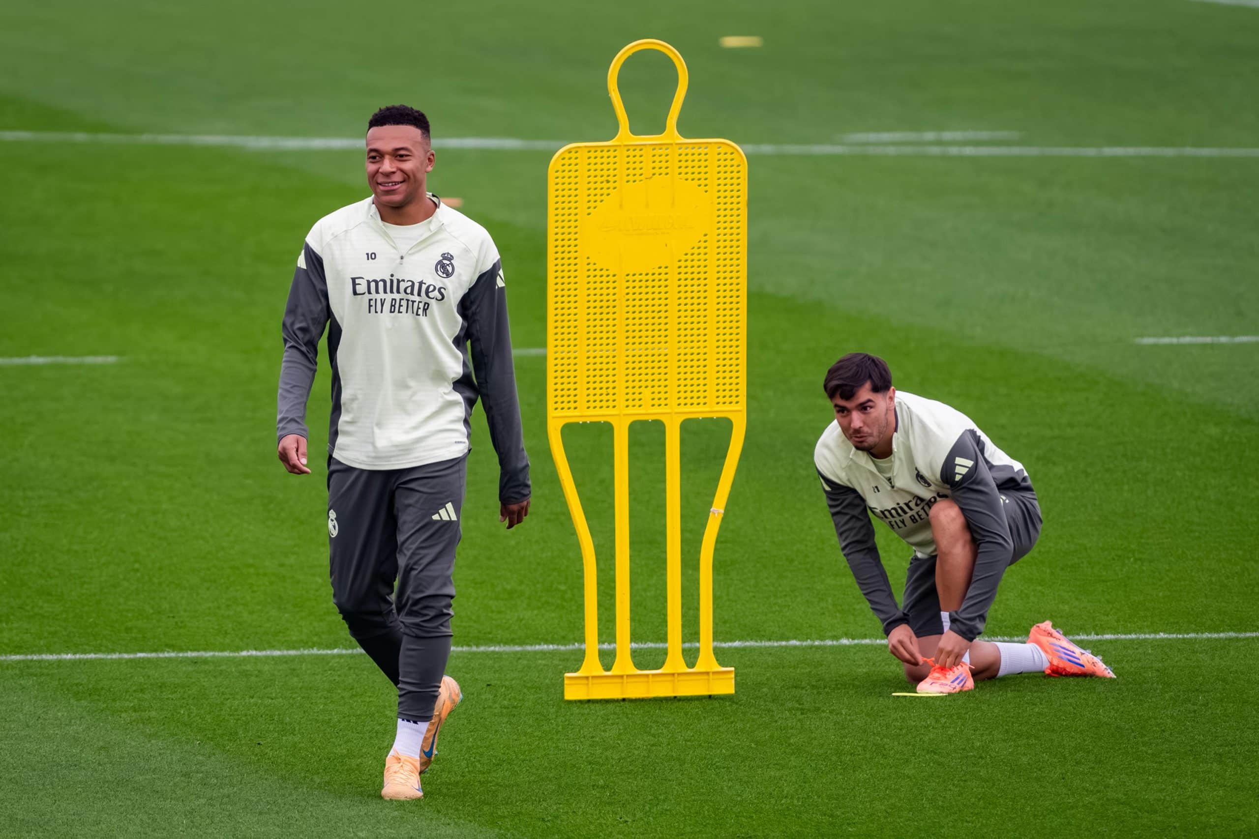 Kylian Mbappé et Brahim Diaz lors d'un entraînement du Real Madrid.